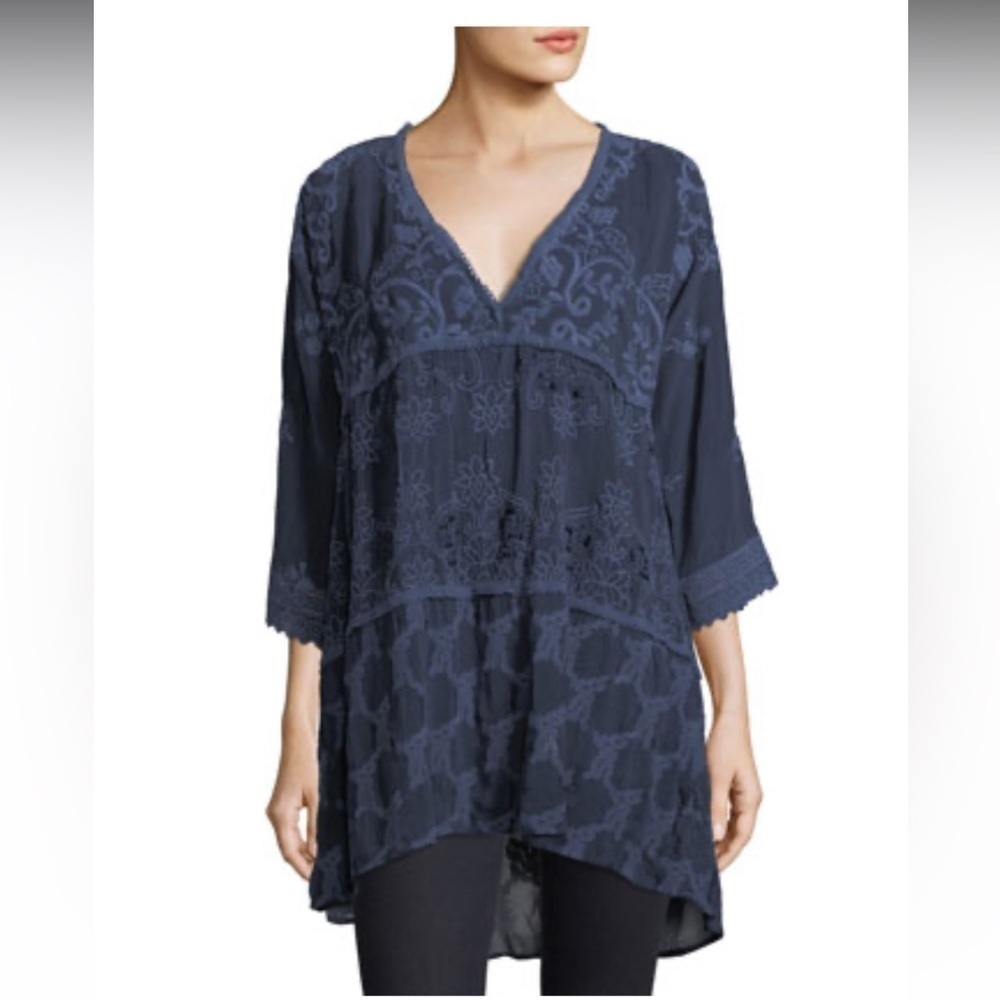 Johnny Was Embroidered Cupra Tunic Shirt  Black Boho V-Neck Crochet Eyelet Sz XS